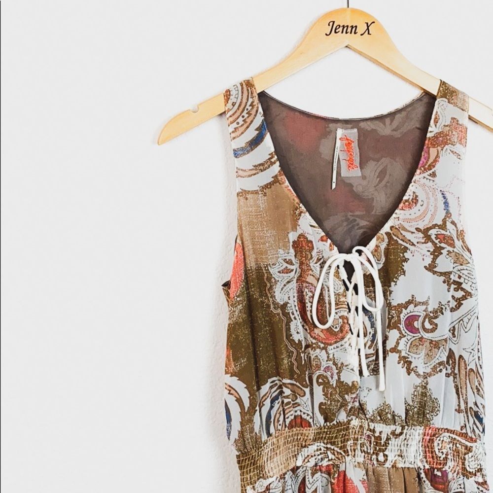 Free People Sleeveless Brown Boho Mini Dress Size Xs Smocked Lace Paisley